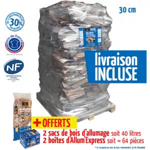Bois de chauffage haute performance, ballot de 2 000 dm3 - bûches de 30cm + allumage offerts